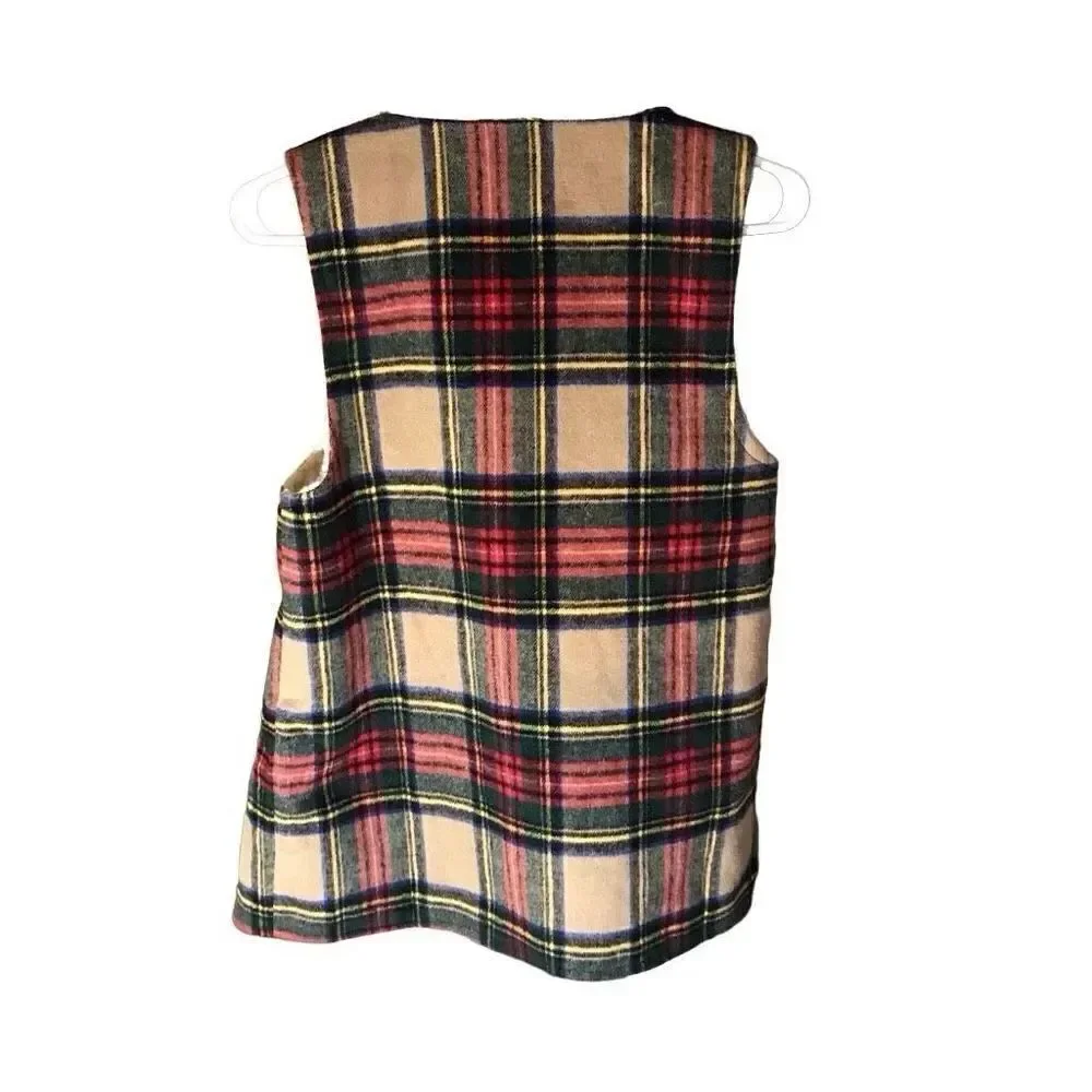 Maurices Vest SZ small plaid wool sherpa lining open front tan green warm